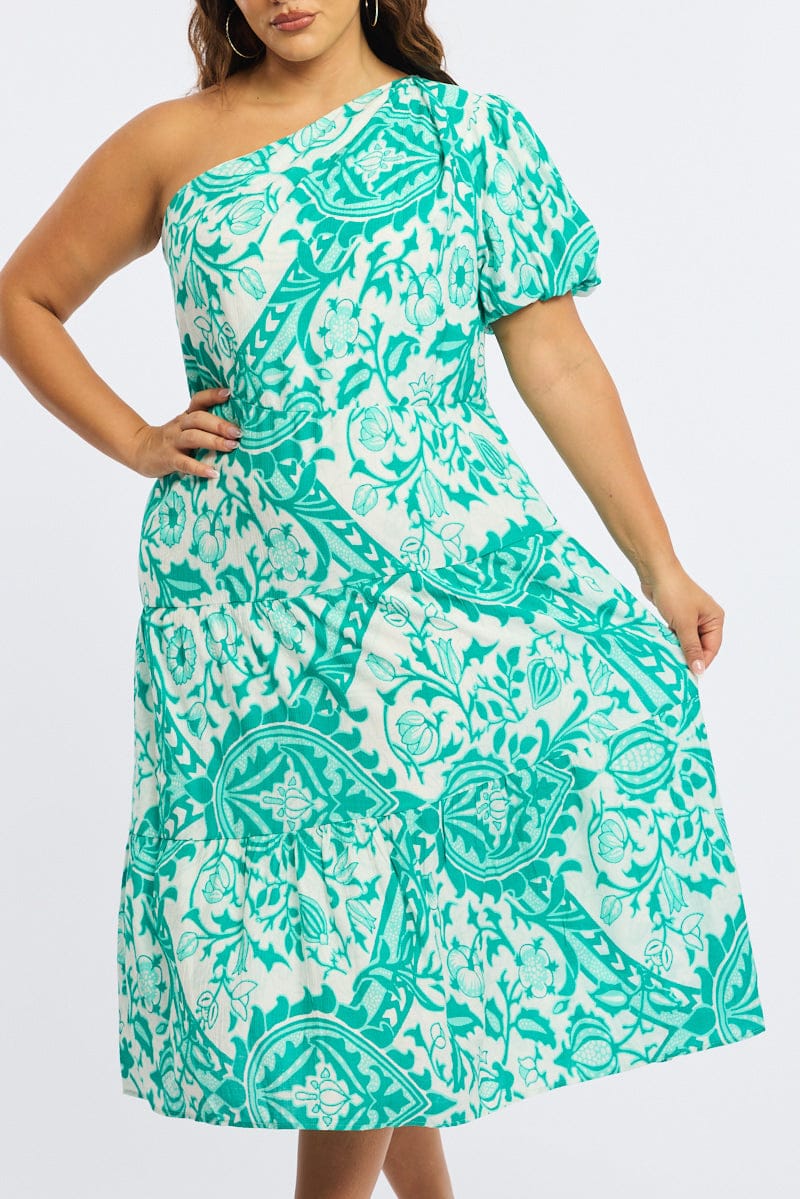 Green Abstract Midi Dress One Shoulder for YouandAll Fashion