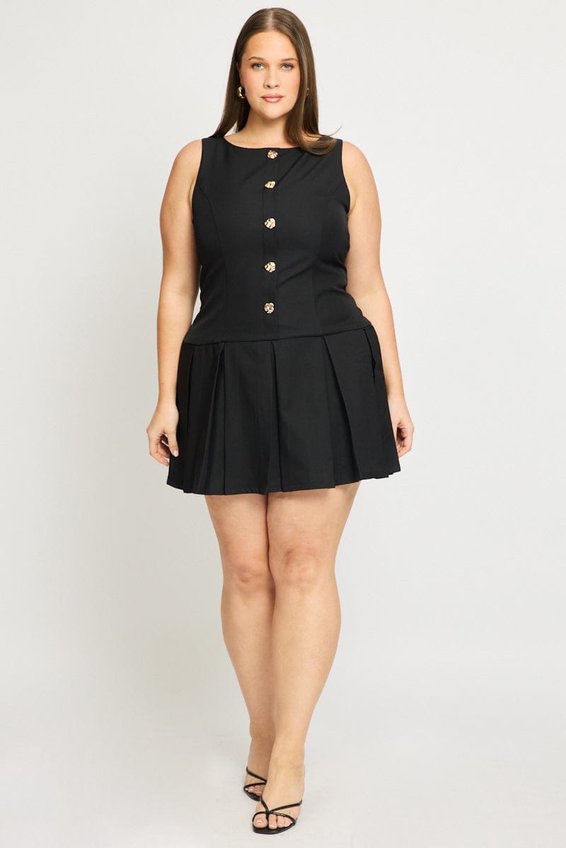 Black Low Waist Dress Sleeveless Golden Button for YouandAll Fashion
