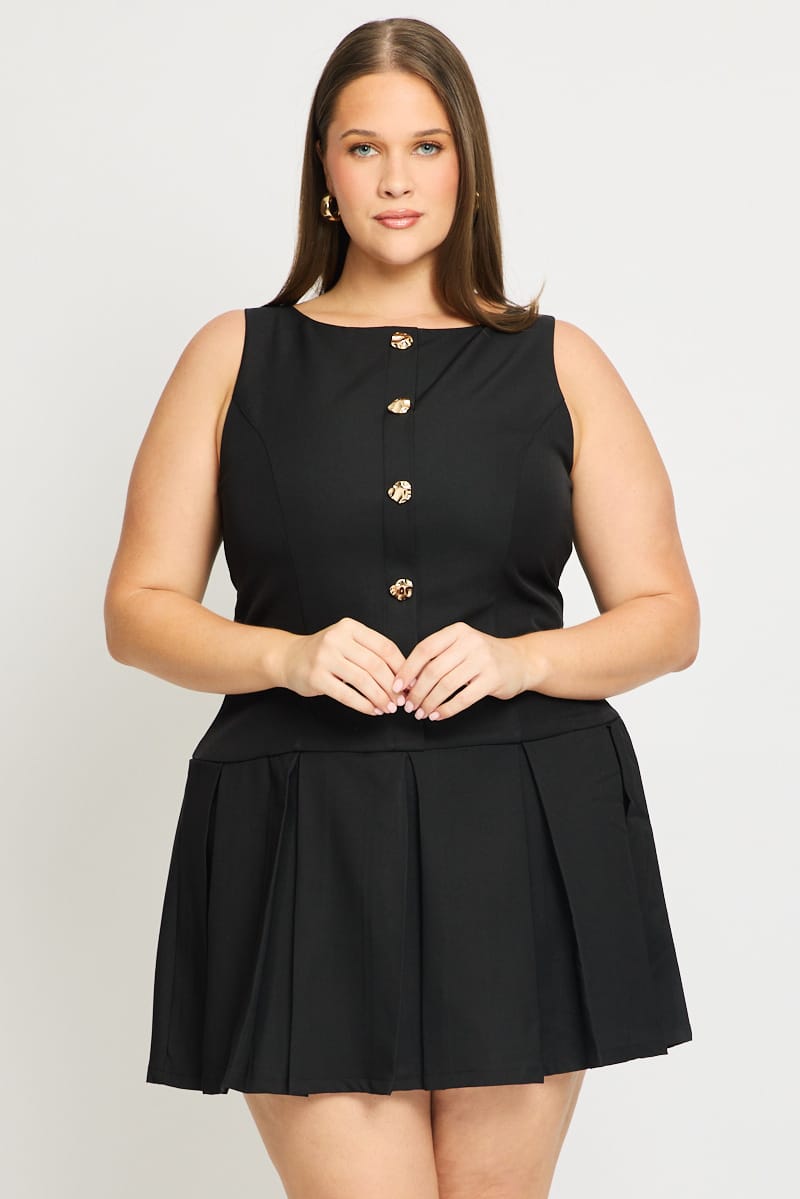 Black Low Waist Dress Sleeveless Golden Button