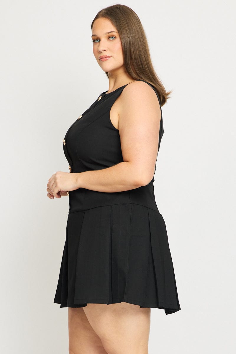 Black Low Waist Dress Sleeveless Golden Button for YouandAll Fashion