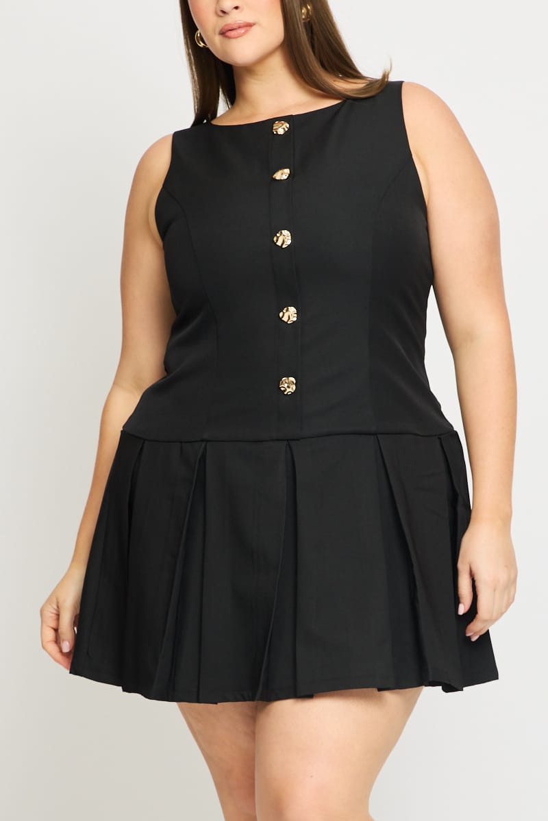 Black Low Waist Dress Sleeveless Golden Button for YouandAll Fashion
