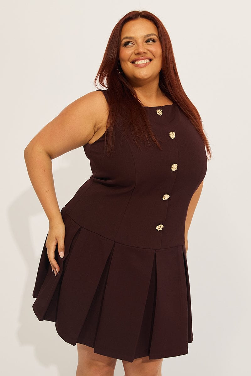 Brown Low Waist Dress Sleeveless Golden Button for YouandAll Fashion