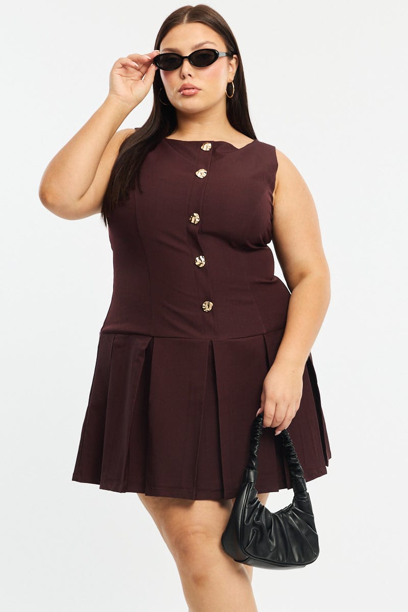 Brown Low Waist Dress Sleeveless Golden Button for YouandAll Fashion