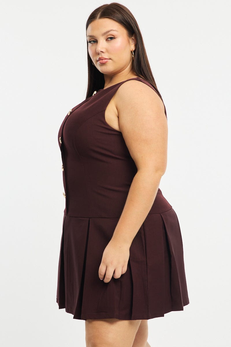 Brown Low Waist Dress Sleeveless Golden Button for YouandAll Fashion