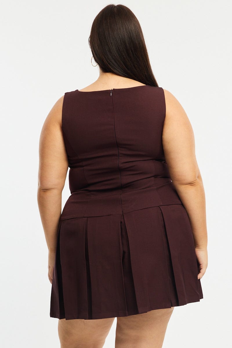 Brown Low Waist Dress Sleeveless Golden Button for YouandAll Fashion