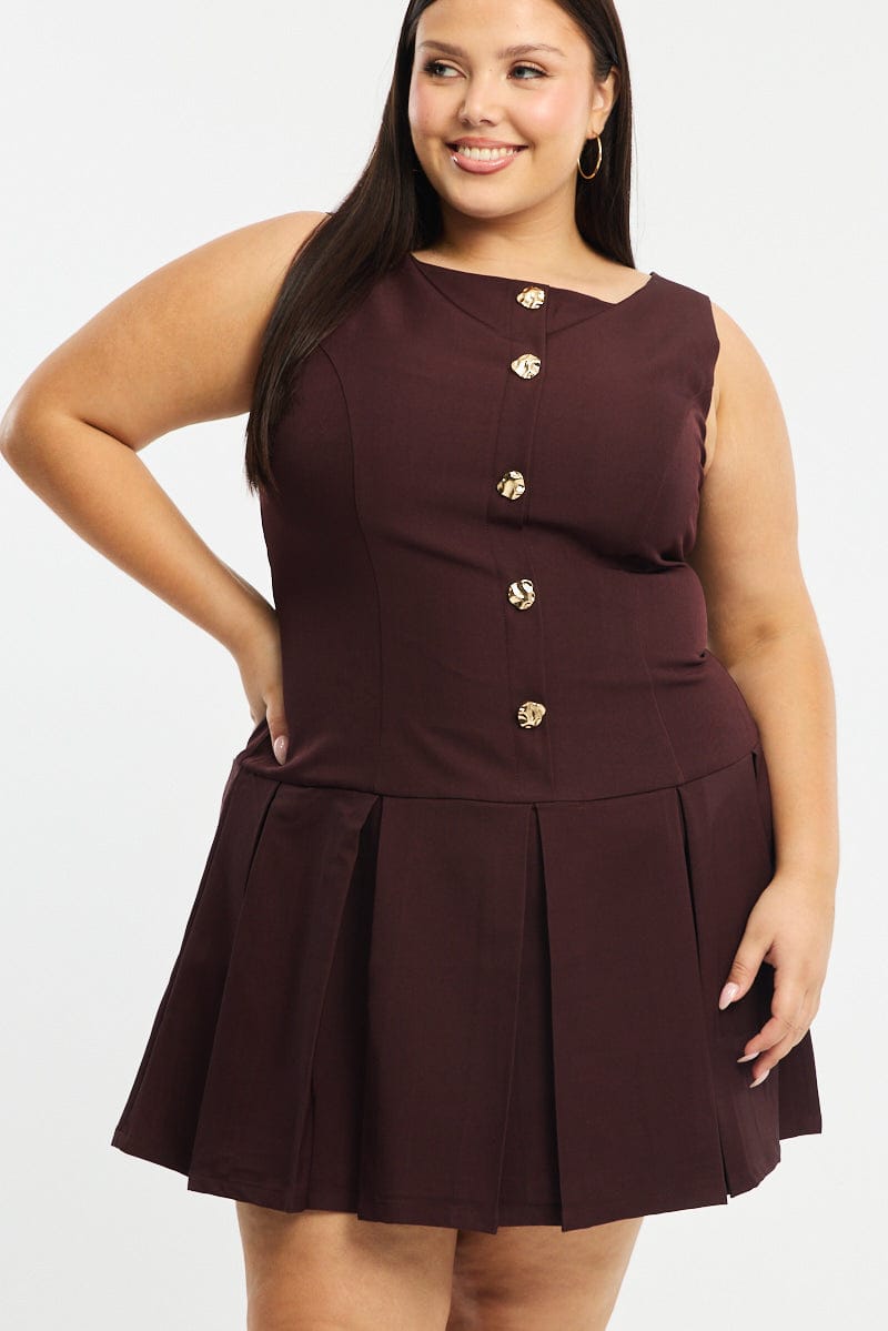 Brown Low Waist Dress Sleeveless Golden Button for YouandAll Fashion