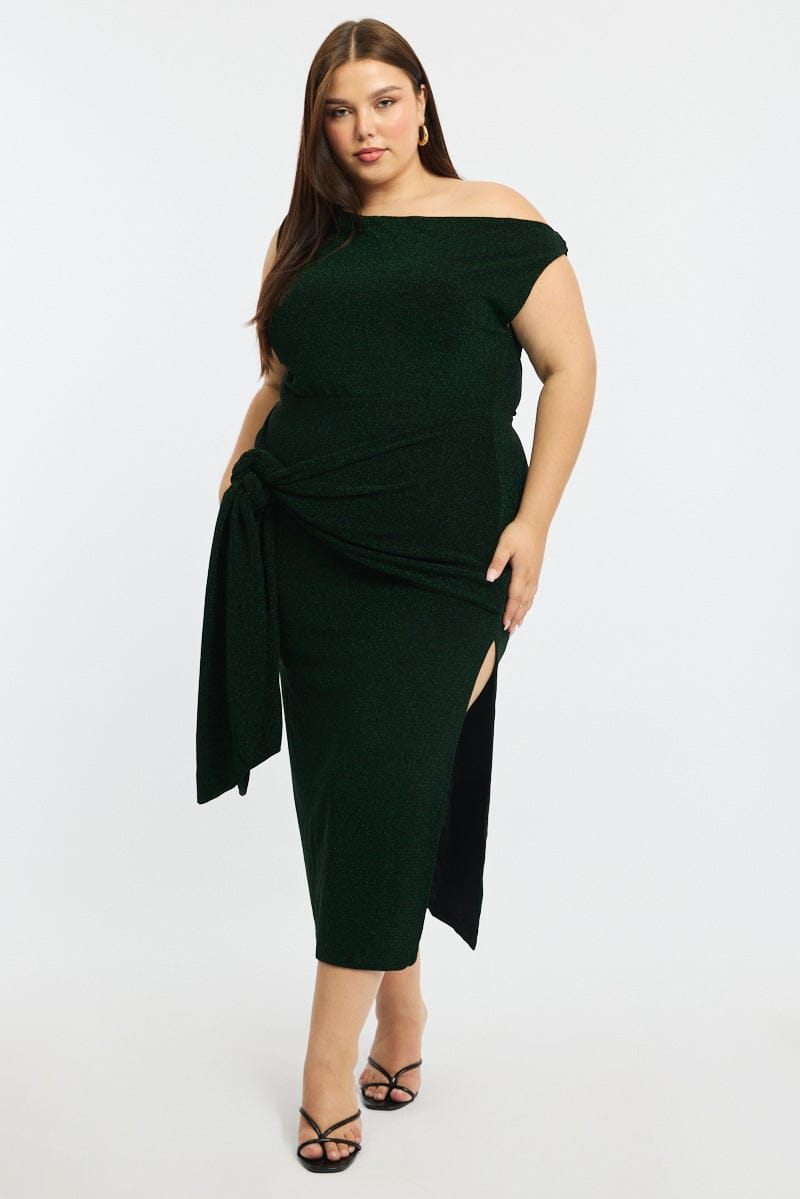 Green Metallic Maxi Dress One Shoulder for YouandAll Fashion