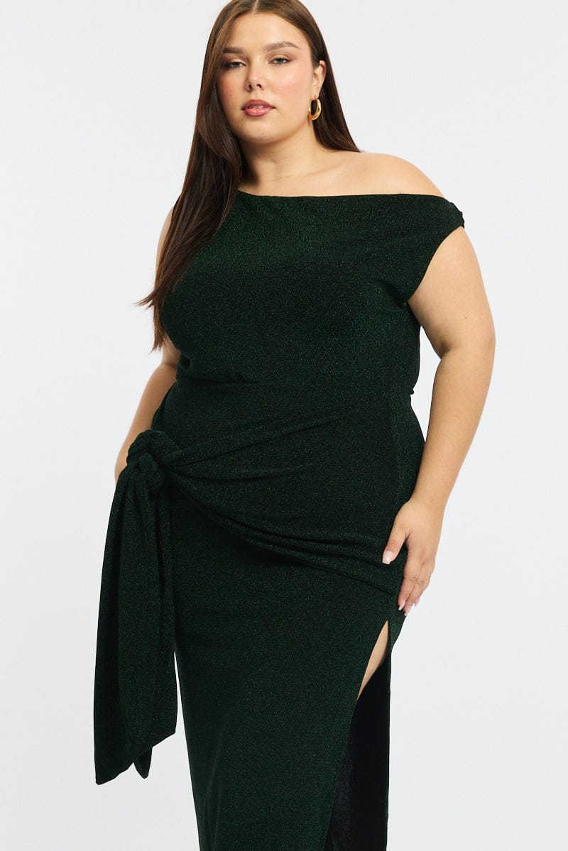 Green Metallic Maxi Dress One Shoulder for YouandAll Fashion