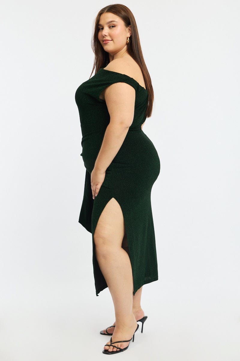 Green Metallic Maxi Dress One Shoulder for YouandAll Fashion