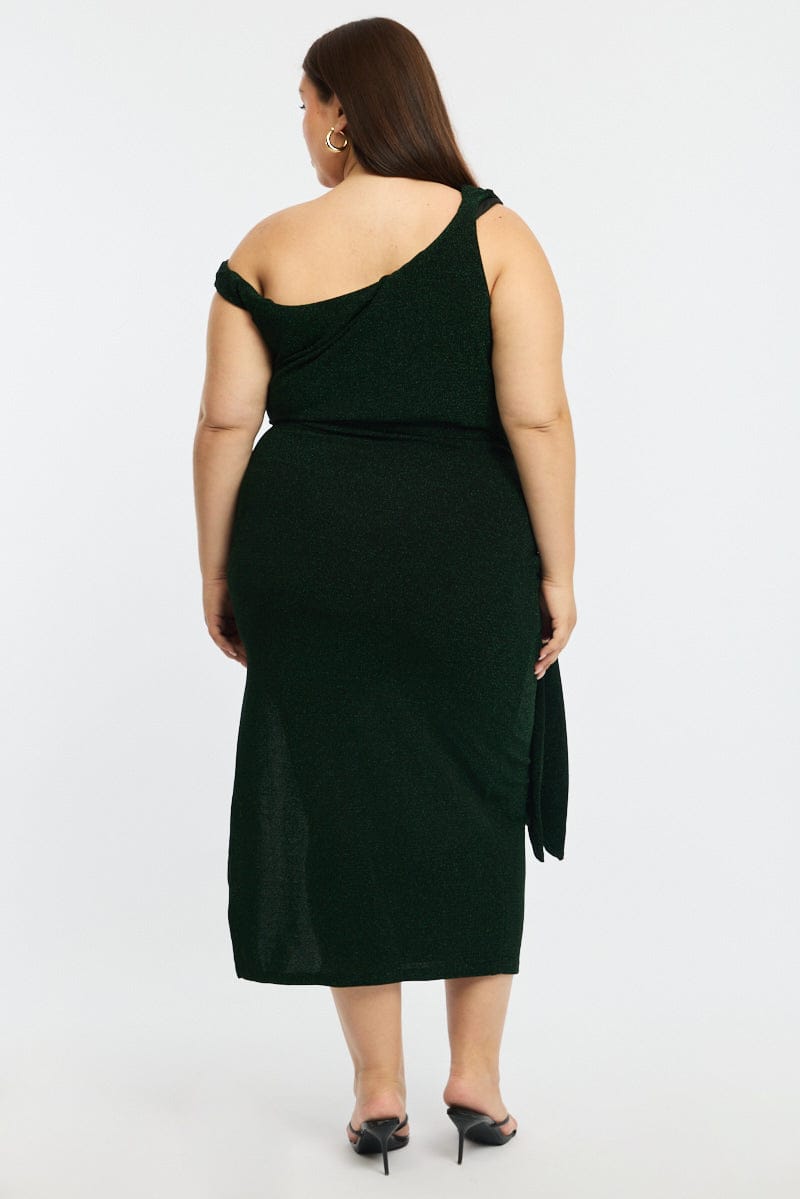 Green Metallic Maxi Dress One Shoulder for YouandAll Fashion
