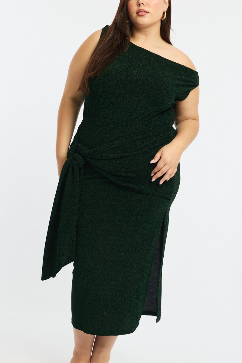 Green Metallic Maxi Dress One Shoulder