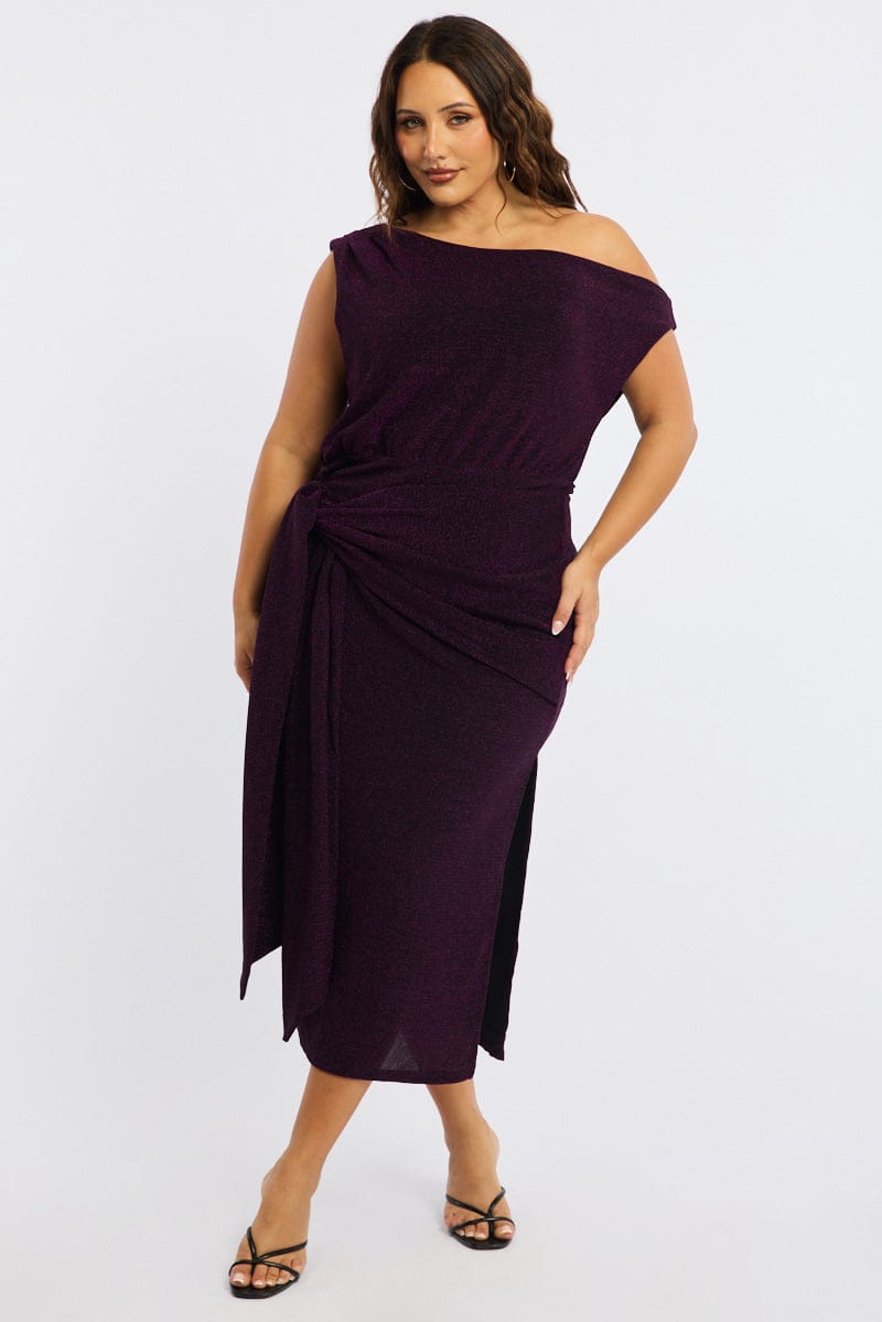 Purple Metallic Maxi Dress One Shoulder for YouandAll Fashion