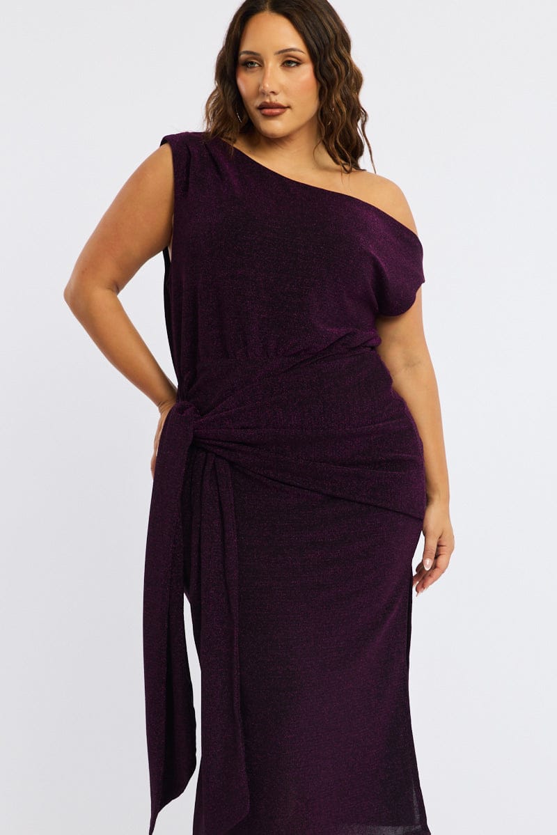 Purple Metallic Maxi Dress One Shoulder for YouandAll Fashion
