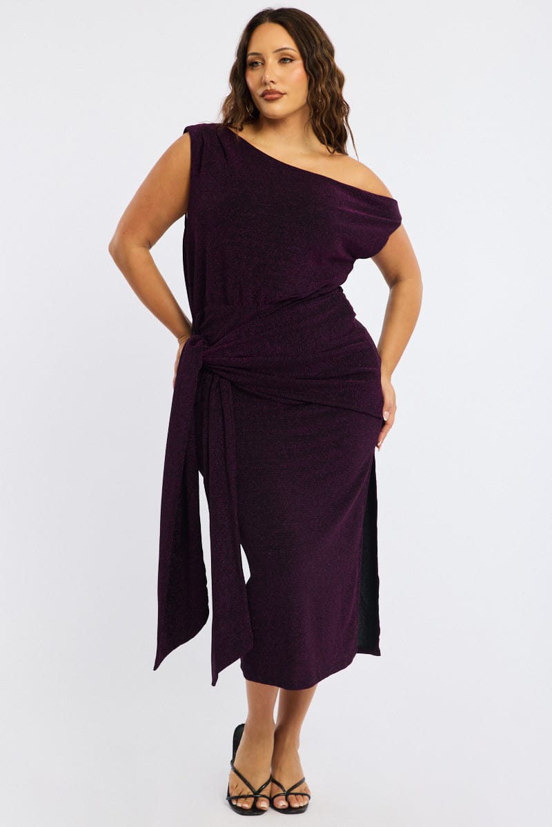 Purple Metallic Maxi Dress One Shoulder for YouandAll Fashion