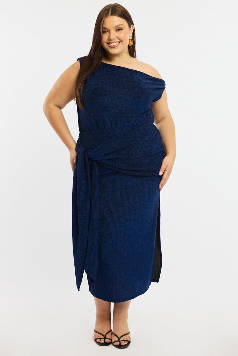 Blue Metallic Maxi Dress One Shoulder for YouandAll Fashion