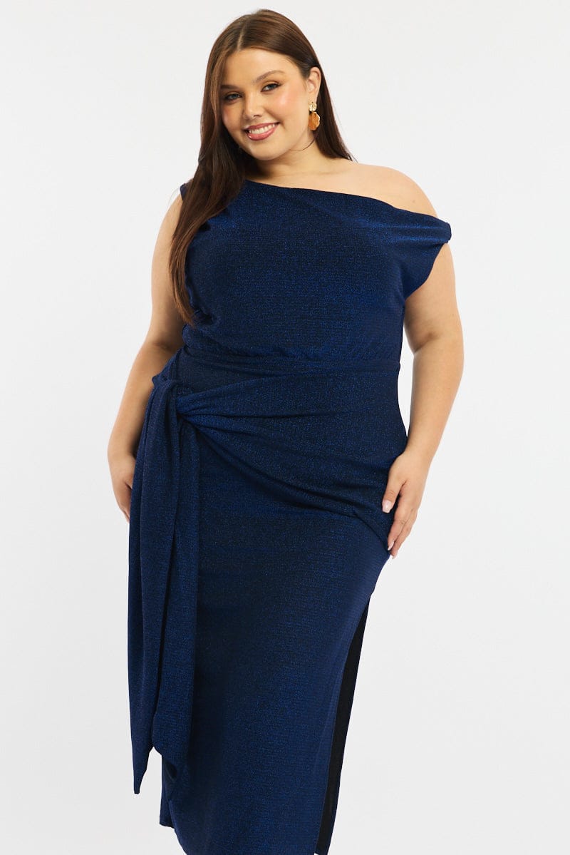 Blue Metallic Maxi Dress One Shoulder for YouandAll Fashion