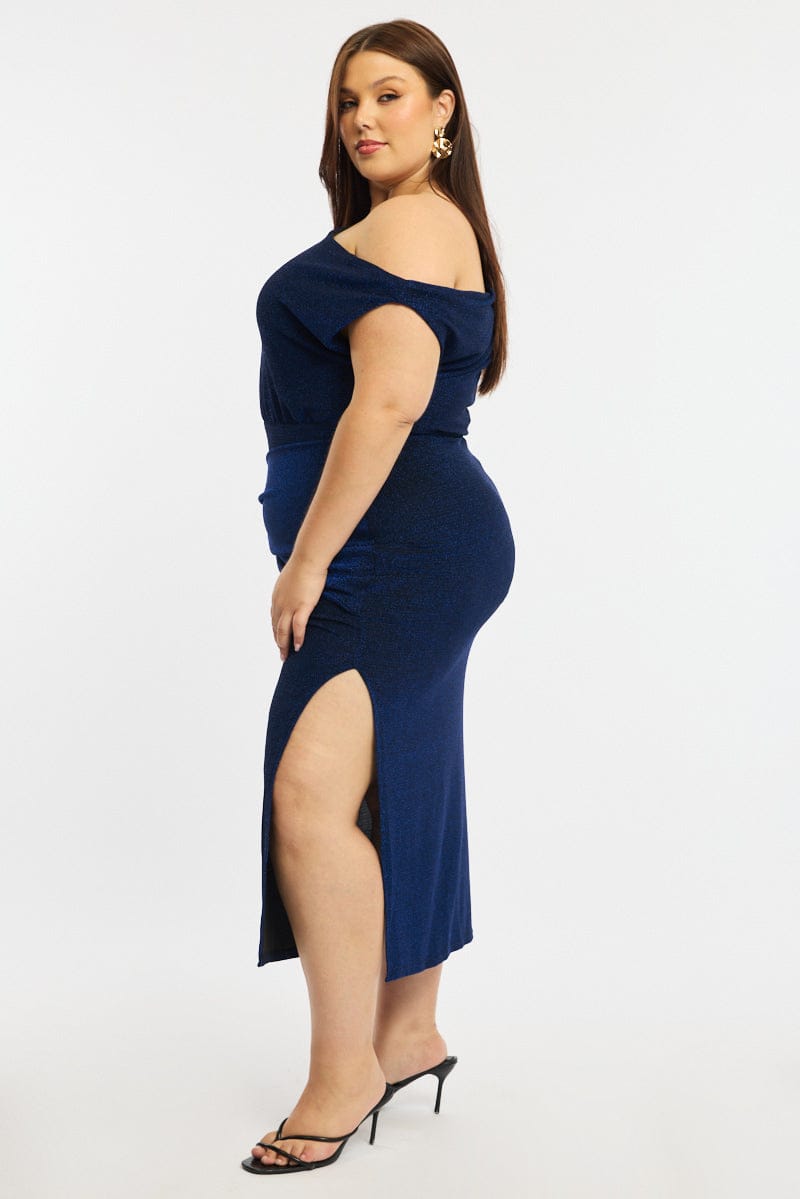 Blue Metallic Maxi Dress One Shoulder for YouandAll Fashion