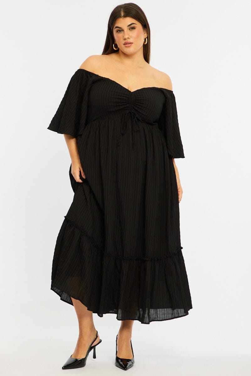 Black Maxi Dress Short Sleeve Ruched Bust Textured