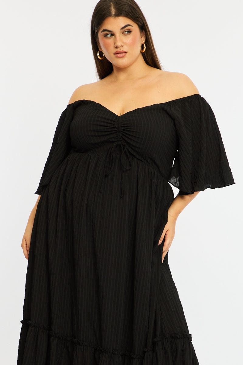 Black Maxi Dress Short Sleeve Ruched Bust Textured for YouandAll Fashion