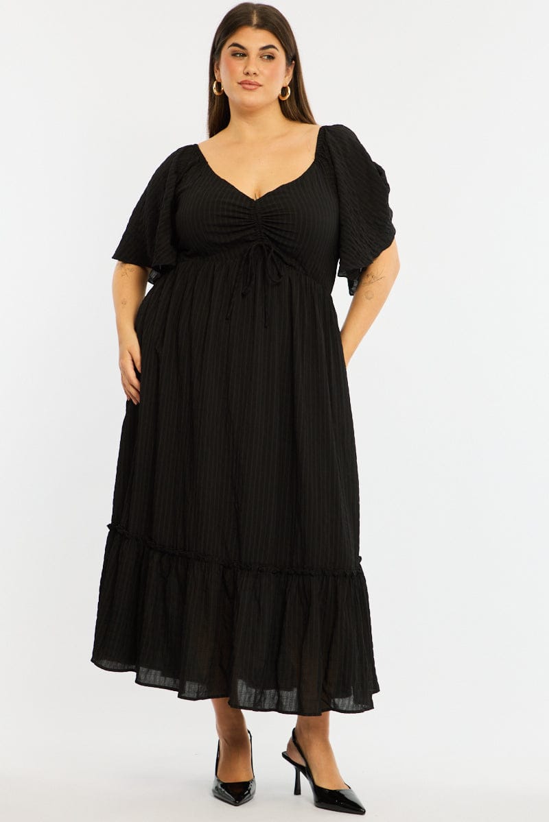 Black Maxi Dress Short Sleeve Ruched Bust Textured