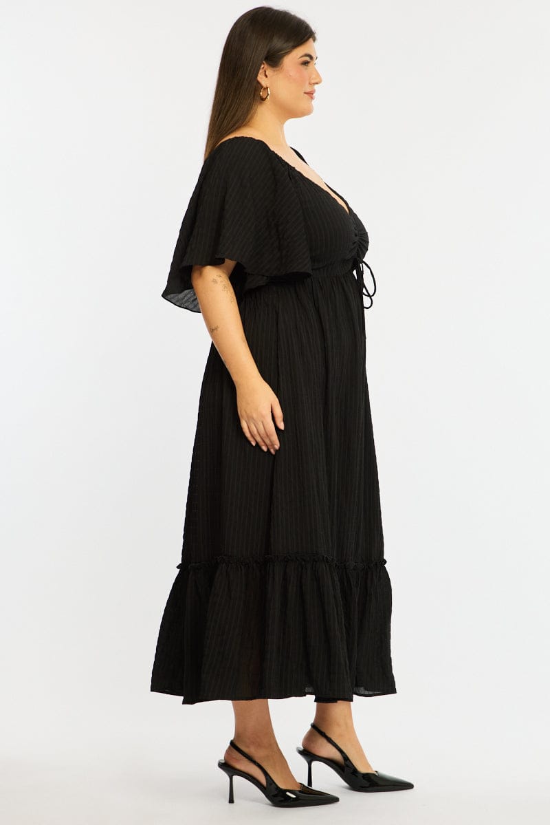 Black Maxi Dress Short Sleeve Ruched Bust Textured