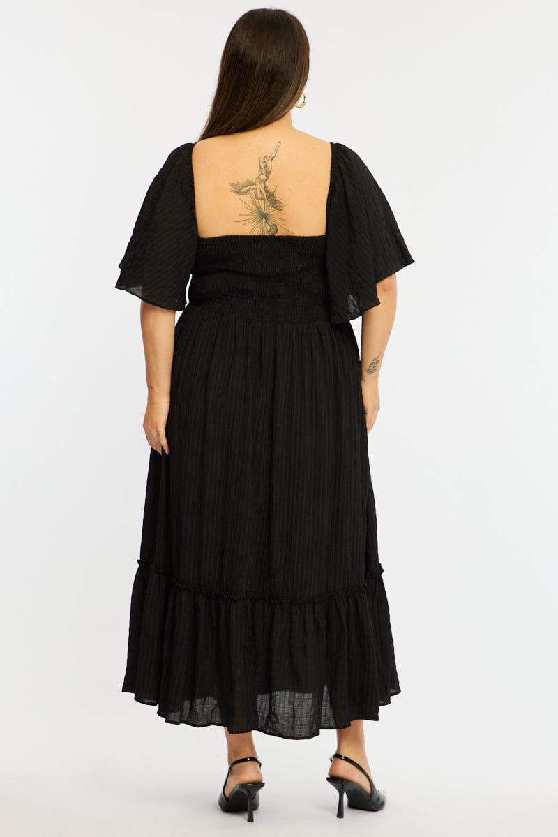 black short maxi dress Black Maxi Dress Short Sleeve Ruched Bust Textured