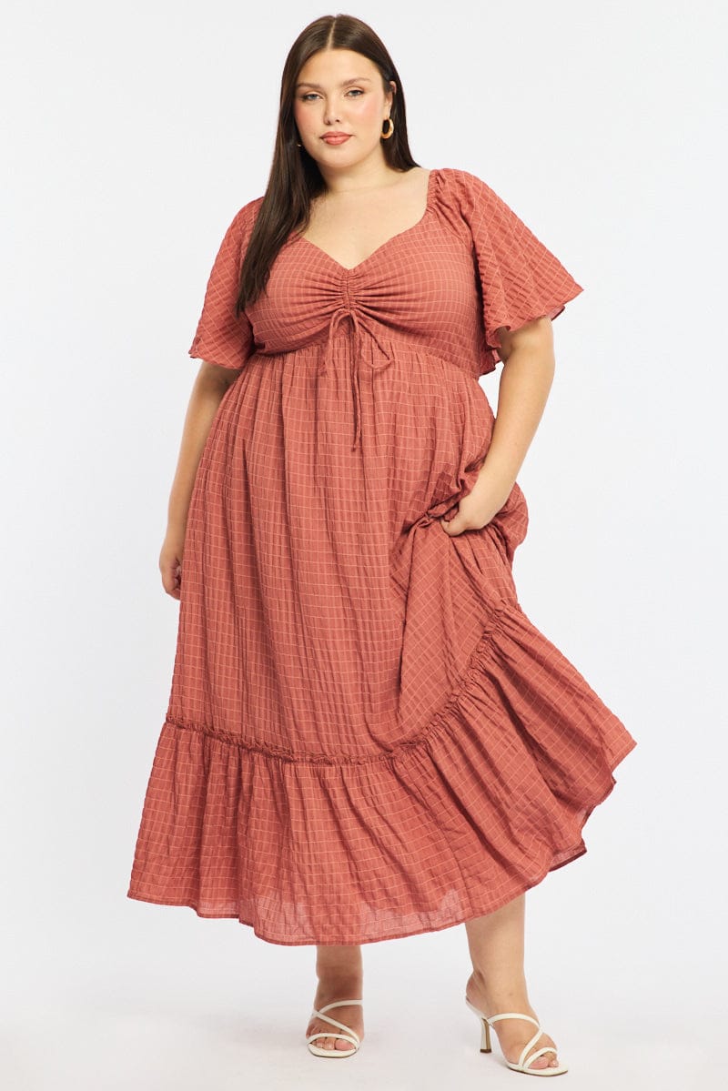 Brown Maxi Dress Short Sleeve Ruched Bust Textured for YouandAll Fashion