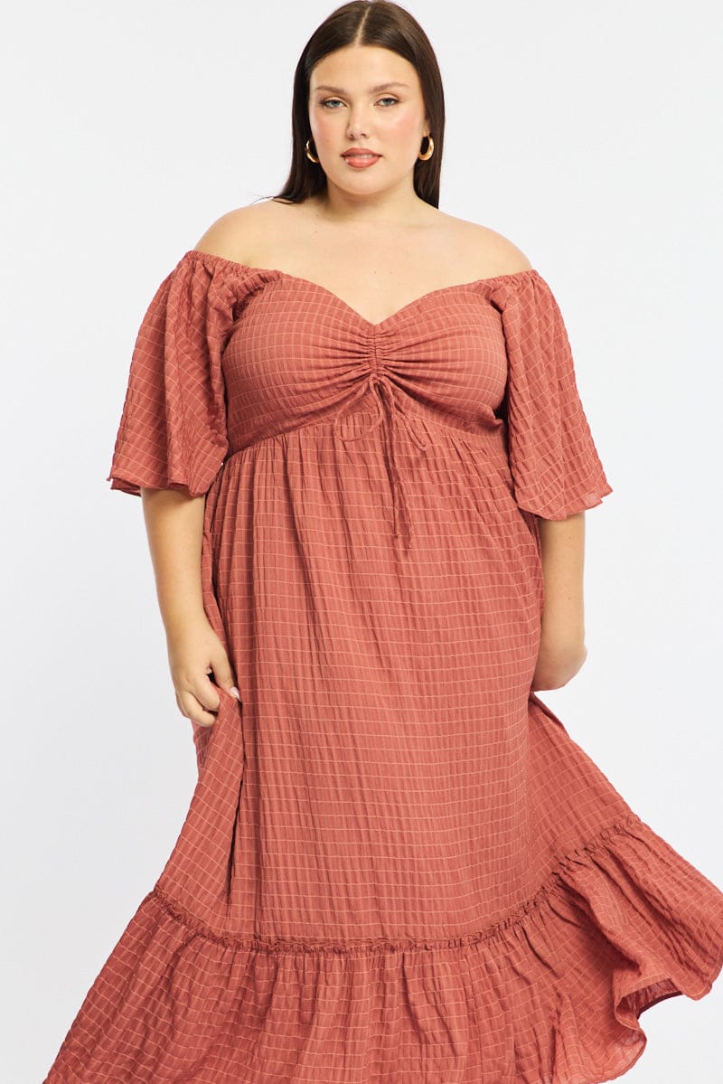 Brown Maxi Dress Short Sleeve Ruched Bust Textured for YouandAll Fashion