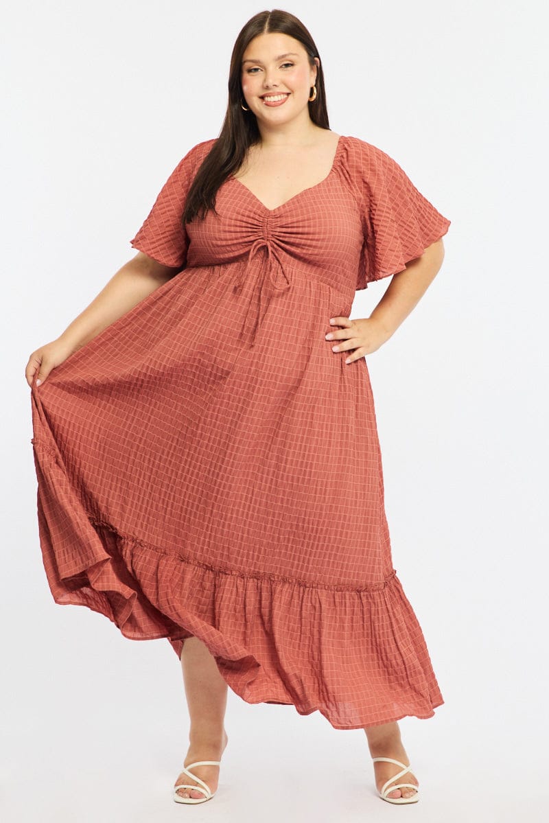 Brown Maxi Dress Short Sleeve Ruched Bust Textured for YouandAll Fashion