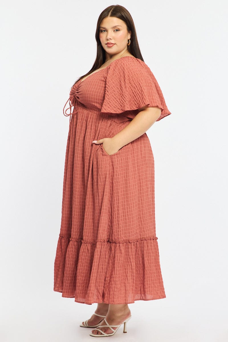 Brown Maxi Dress Short Sleeve Ruched Bust Textured for YouandAll Fashion