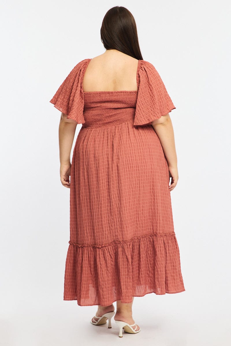 Brown Maxi Dress Short Sleeve Ruched Bust Textured for YouandAll Fashion