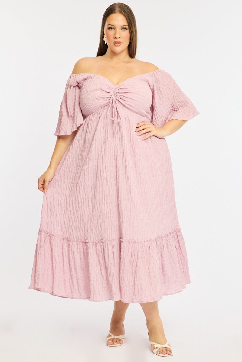 Pink Maxi Dress Short Sleeve Ruched Bust Textured for YouandAll Fashion