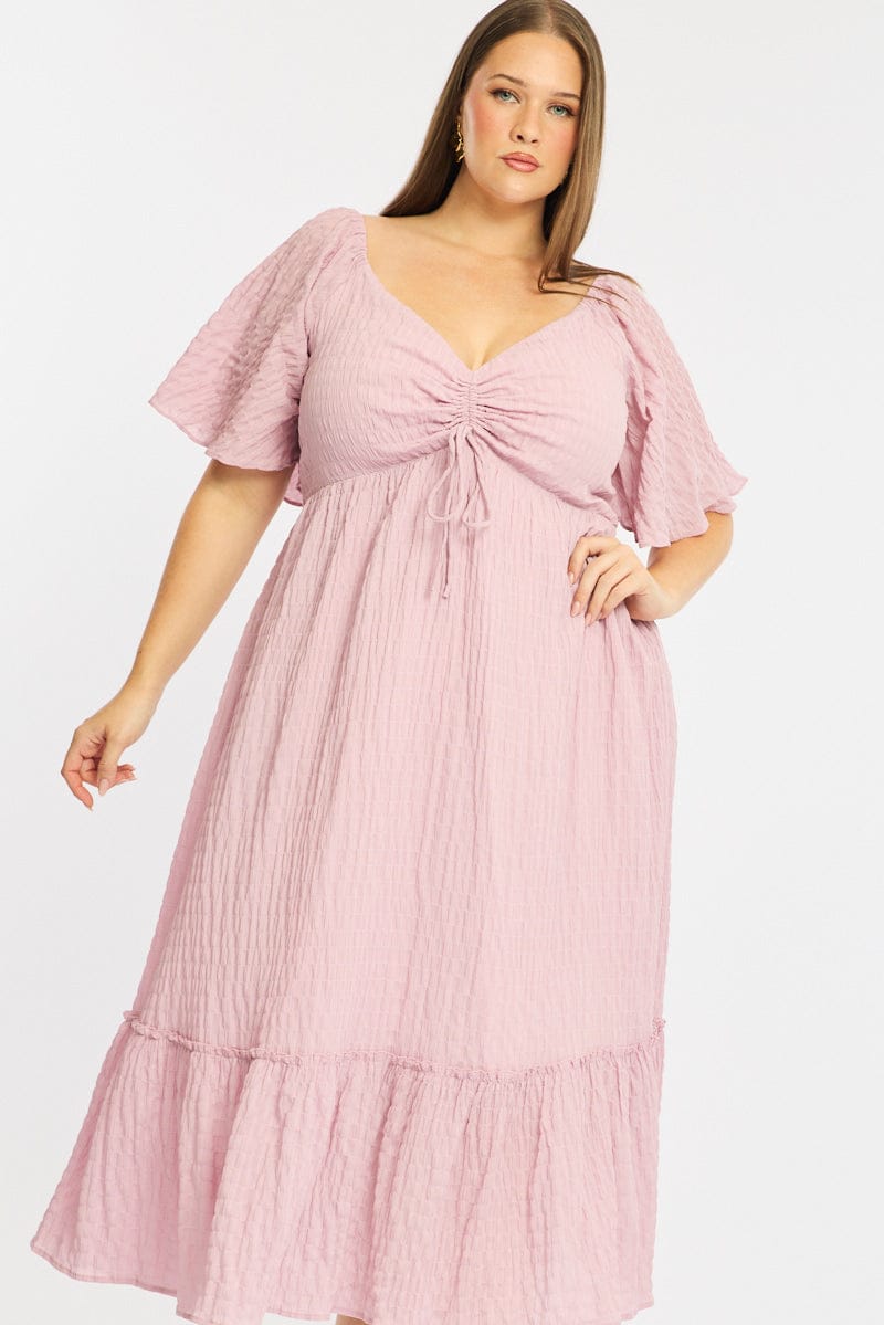 Pink Maxi Dress Short Sleeve Ruched Bust Textured for YouandAll Fashion