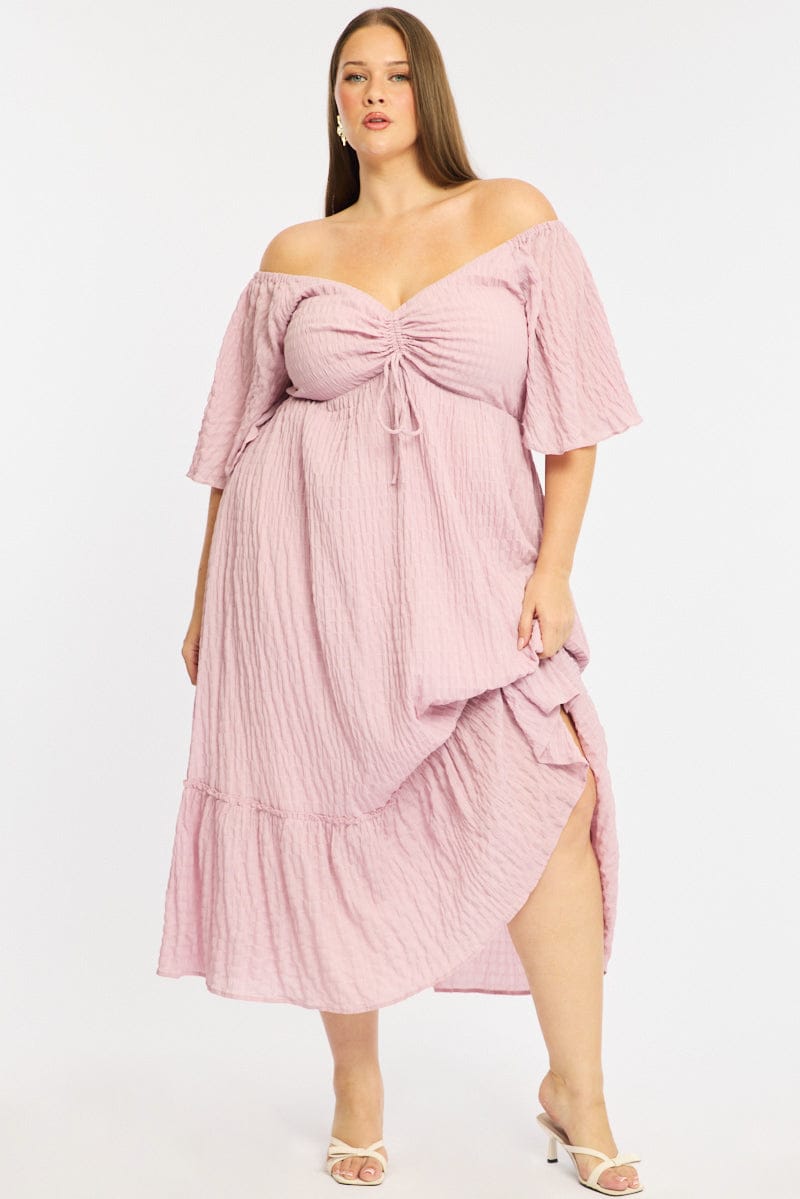 Pink Maxi Dress Short Sleeve Ruched Bust Textured for YouandAll Fashion