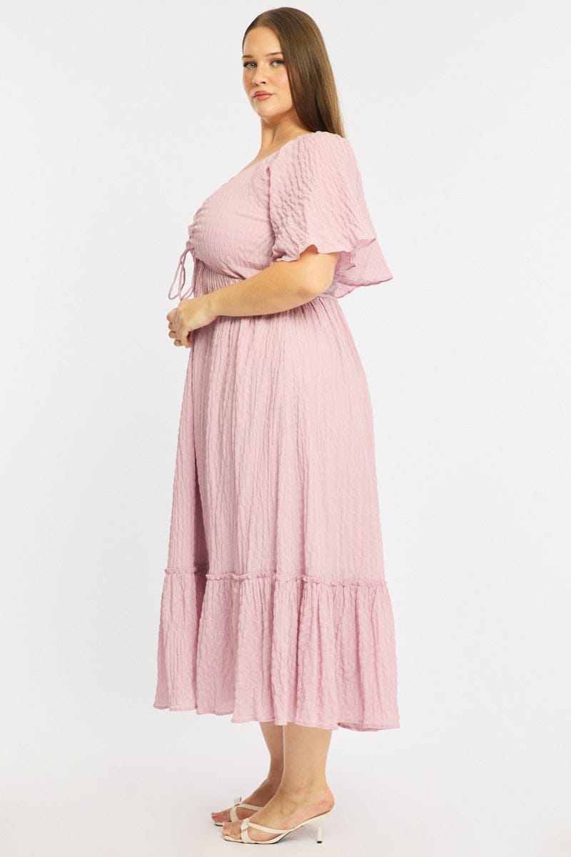 Pink Maxi Dress Short Sleeve Ruched Bust Textured for YouandAll Fashion