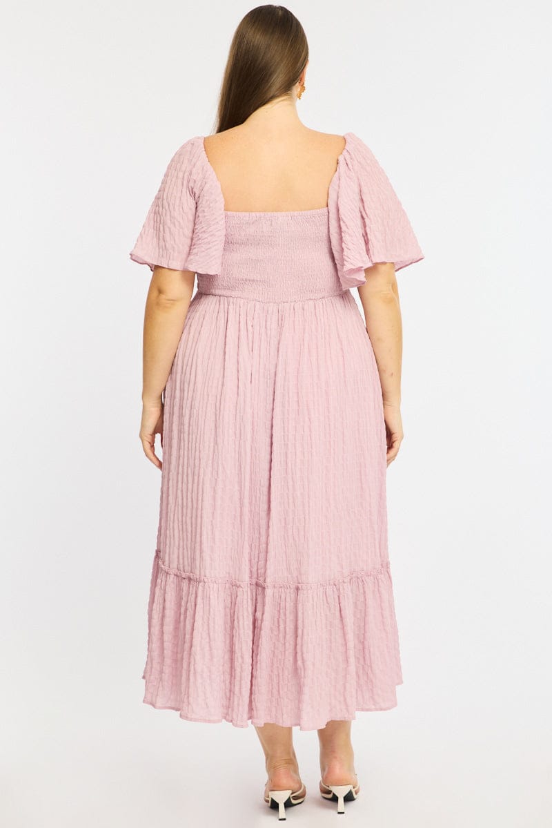 Pink Maxi Dress Short Sleeve Ruched Bust Textured for YouandAll Fashion
