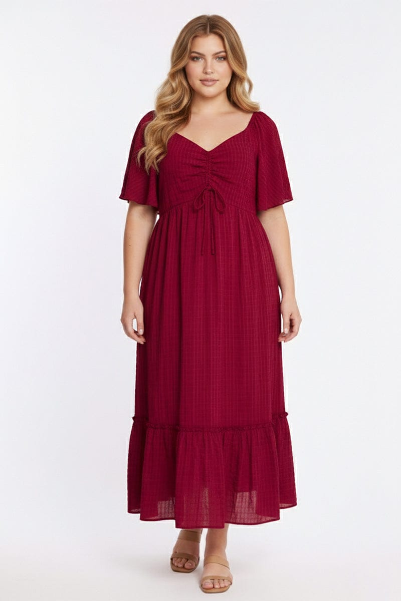 Red Maxi Dress Short Sleeve Ruched Bust Textured for YouandAll Fashion