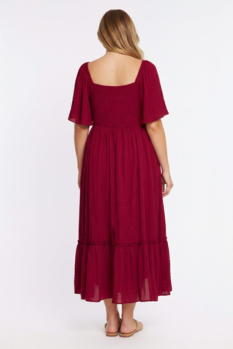 Red Maxi Dress Short Sleeve Ruched Bust Textured for YouandAll Fashion