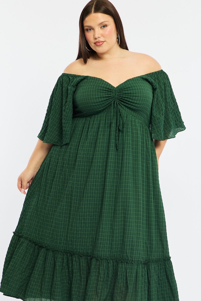 Green Maxi Dress Short Sleeve Ruched Bust Textured for YouandAll Fashion