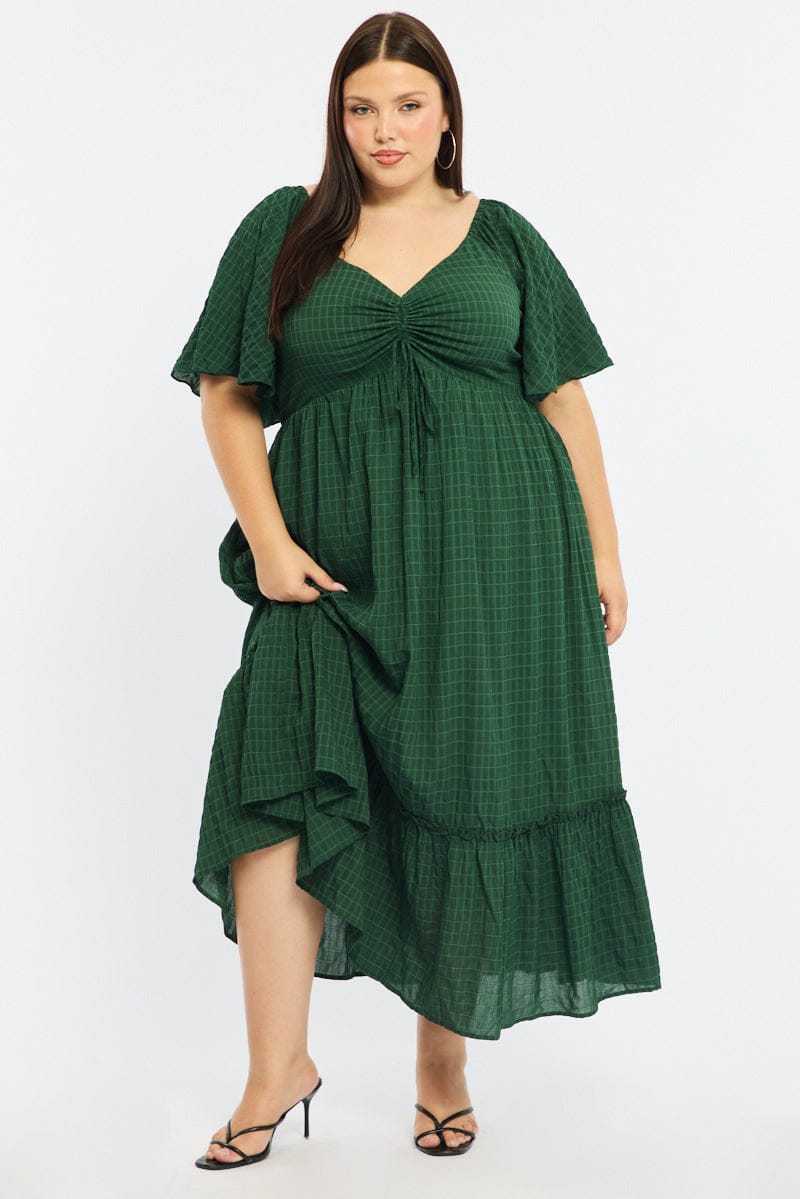 Green Maxi Dress Short Sleeve Ruched Bust Textured | You & All Green Maxi Dress Short Sleeve Ruched Bust Textured | You & All