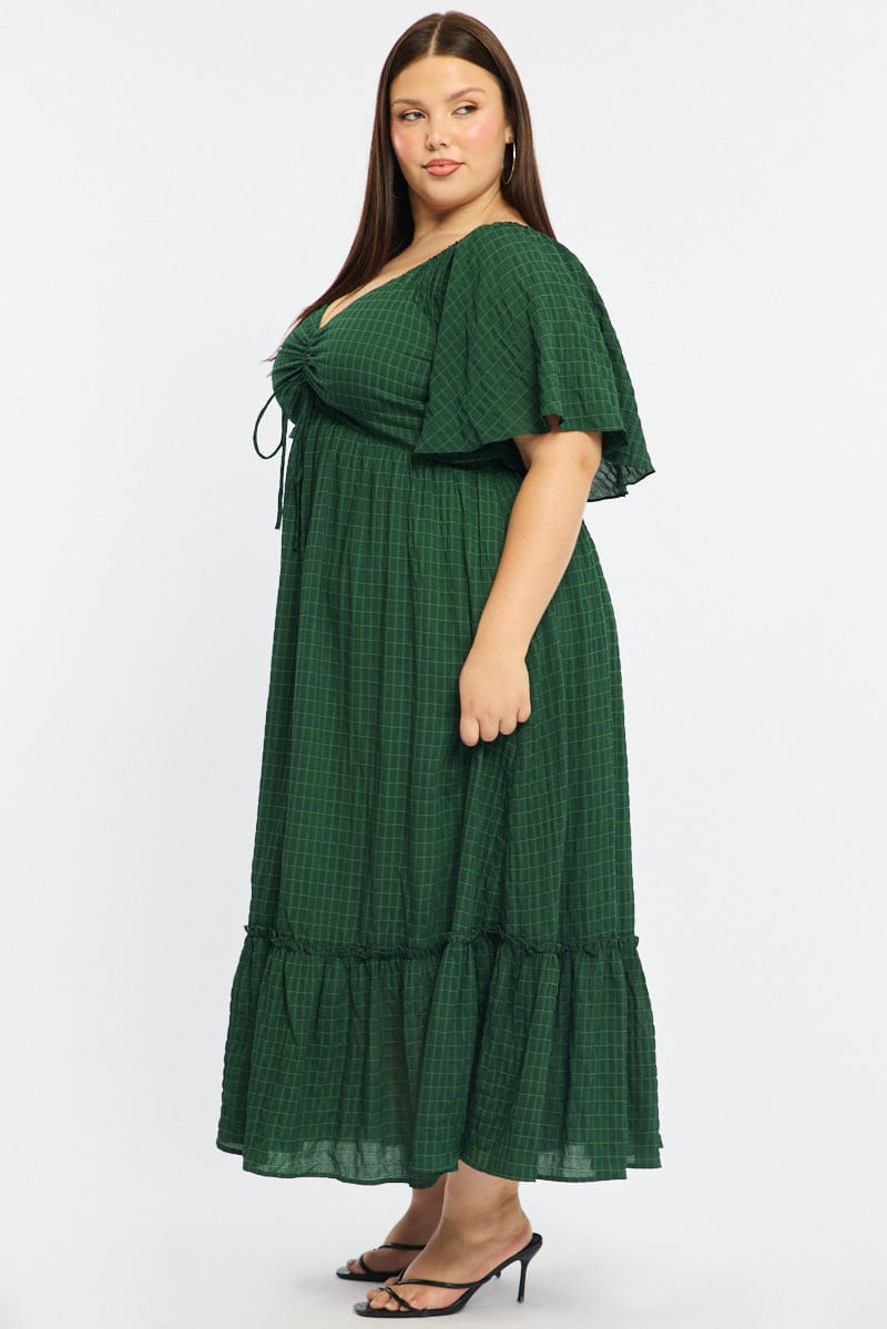 Green Maxi Dress Short Sleeve Ruched Bust Textured for YouandAll Fashion