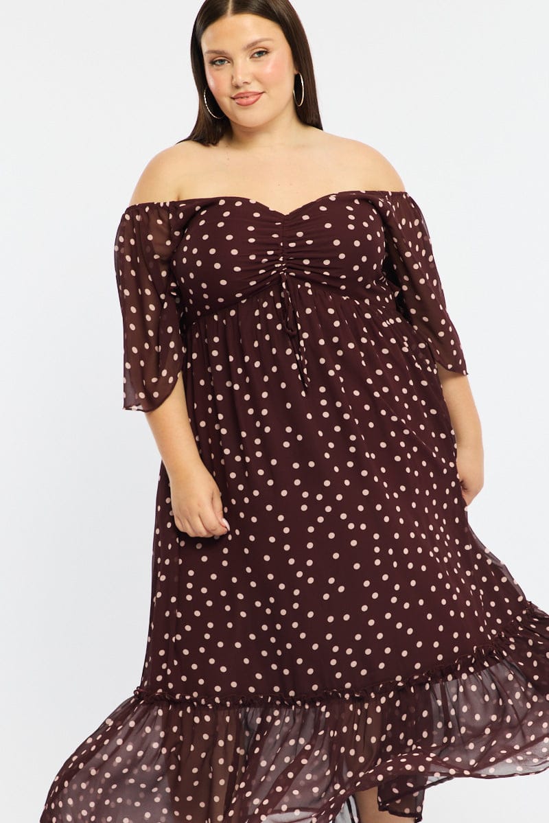 Red Polka Dot Maxi Dress Short Sleeve Ruched Bust for YouandAll Fashion
