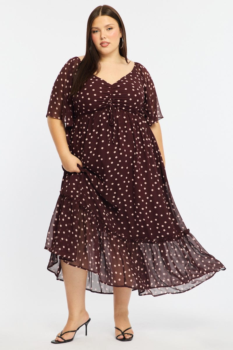 Red Polka Dot Maxi Dress Short Sleeve Ruched Bust | You & All Red Polka Dot Maxi Dress Short Sleeve Ruched Bust | You & All