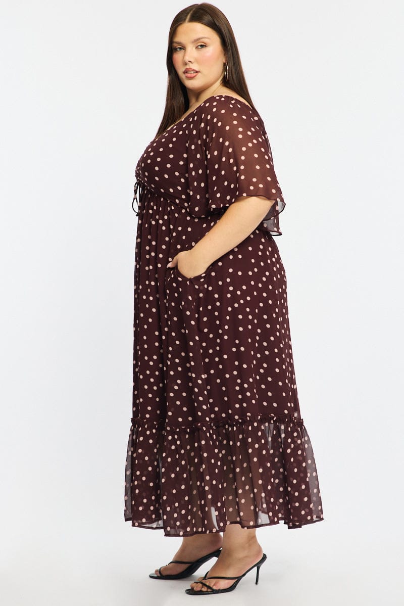 Red Polka Dot Maxi Dress Short Sleeve Ruched Bust for YouandAll Fashion