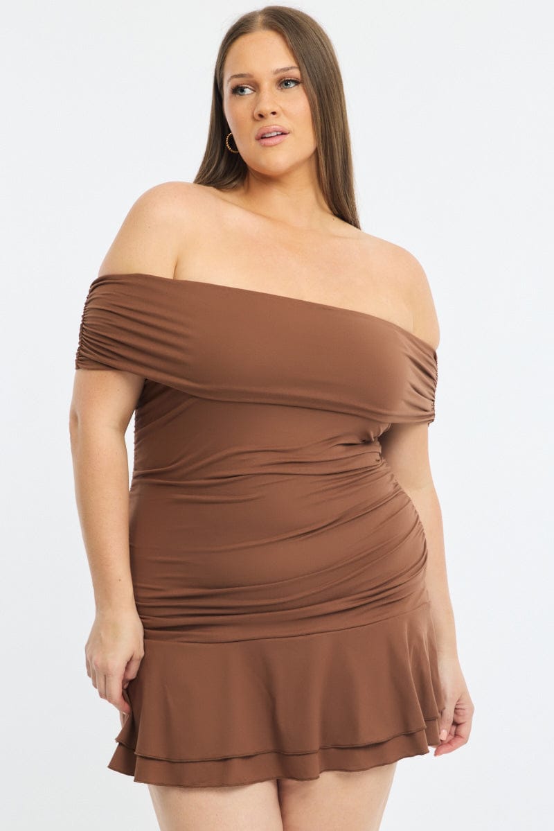 Brown Off Shoulder Dress Ruched Jersey for YouandAll Fashion