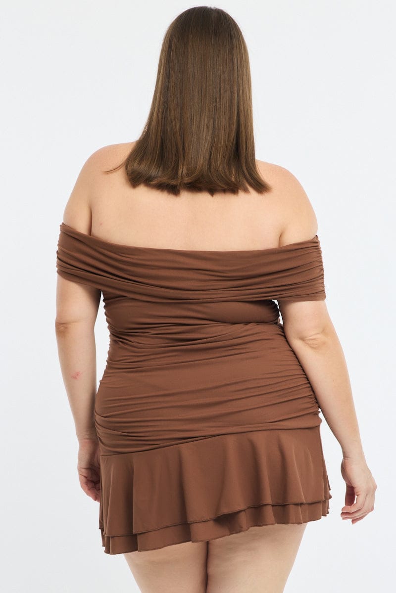 Brown Off Shoulder Dress Ruched Jersey for YouandAll Fashion