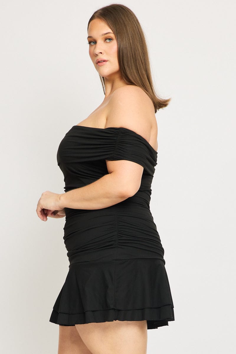 Black Off Shoulder Dress Ruched Jersey for YouandAll Fashion