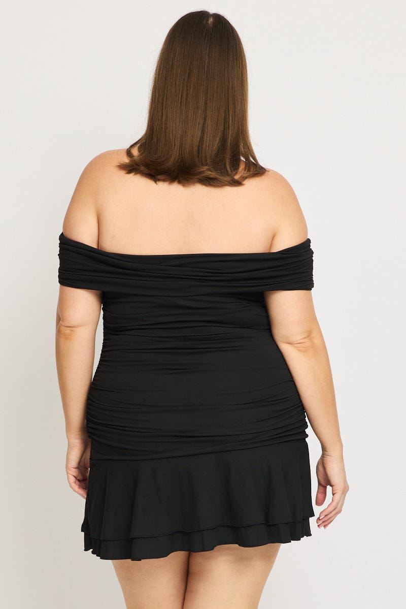 Black Off Shoulder Dress Ruched Jersey for YouandAll Fashion