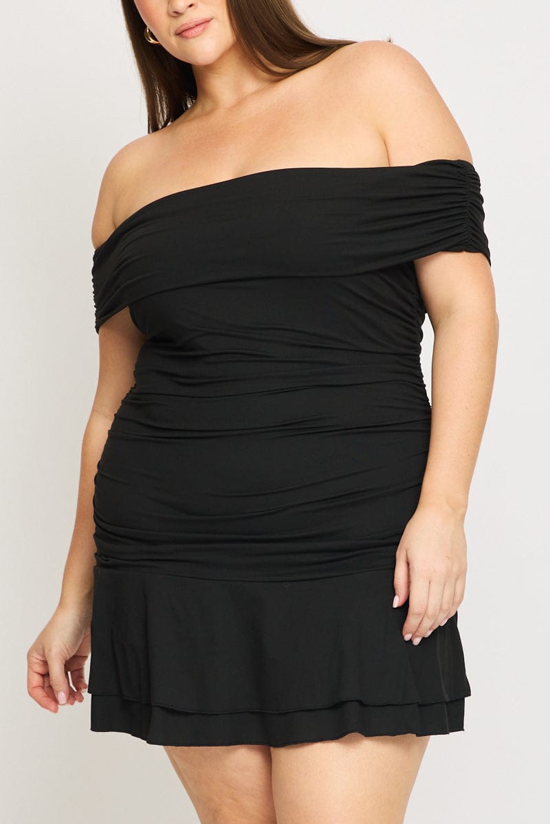 Black Off Shoulder Dress Ruched Jersey for YouandAll Fashion