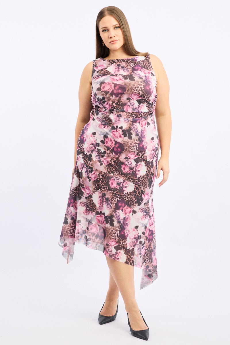 Brown Animal Print Midi Dress Sleeveless Mesh Hanky Hem for YouandAll Fashion